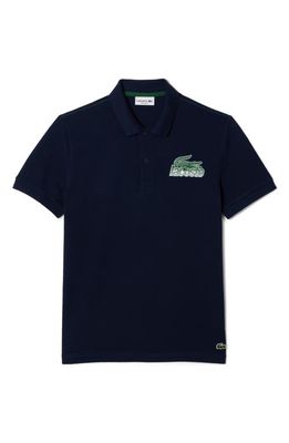 Lacoste Regular Fit Cotton Piqué Graphic Polo in Navy Blue