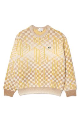 Lacoste Relaxed Fit Checkerboard Crewneck Sweater in Nim Cookie/Laponie-Pistil