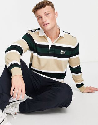 Lacoste striped long sleeve polo shirt in beige-Neutral