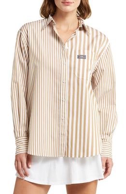 Lacoste x BANDIER Mix Stripe Cotton Button-Up Shirt in Eco Sand/Blanc