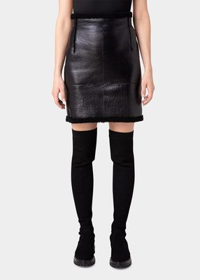 Lacquared Leather Shearling Mini Skirt