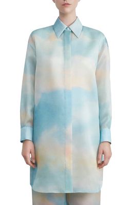 Lafayette 148 New York Abstract Print Long Silk Button-Up Shirt in Liberty Green Multi