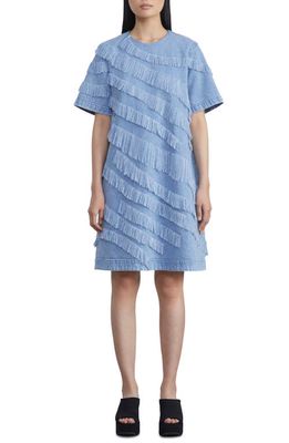 Lafayette 148 New York Asymmetric Fringe Trim Denim Shift Dress in Stonewash Blue