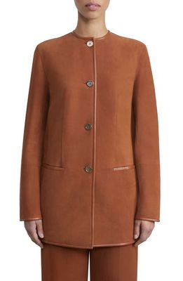 Lafayette 148 New York Collarless Suede Jacket in Saddle