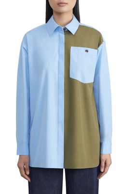 Lafayette 148 New York Colorblock Oversize Cotton Poplin Button-Up Shirt in Cool Blue/Chive