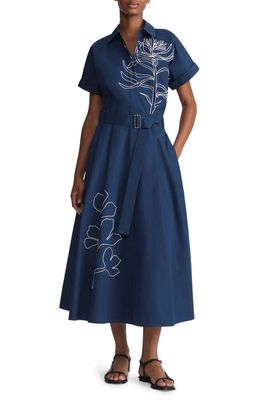 Lafayette 148 New York Floral Embroidered Belted Cotton Poplin Shirtdress in Midnight Blue