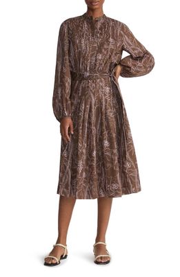 Lafayette 148 New York Floral Print Pleated Long Sleeve Gemma Cloth Voile Midi Dress in Deep Acorn Multi