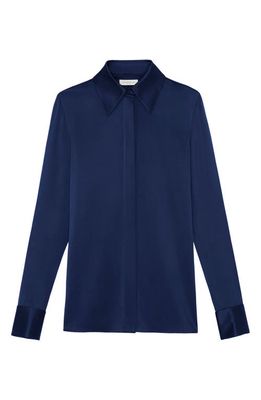 Lafayette 148 New York French Cuff Silk Button-Up Blouse in Midnight Blue