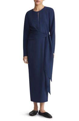 Lafayette 148 New York Keyhole Long Sleeve Belted Crepe Dress in Midnight Blue