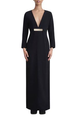 Lafayette 148 New York Metal Accent Plunge Neck Long Sleeve Gown in Black