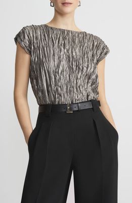 Lafayette 148 New York Metallic Foil Plissé Cap Sleeve Top in Pewter Metallic