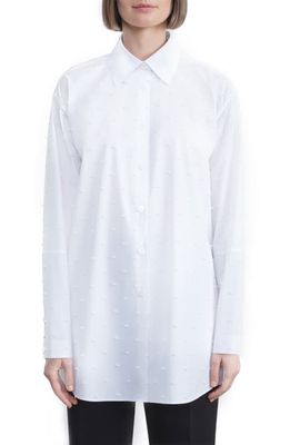 Lafayette 148 New York Oversize Cotton Stretch Clip Dot Button-Up Shirt in White