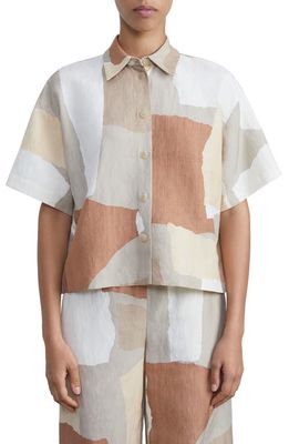 Lafayette 148 New York Paper Collage Boxy Silk & Linen Shirt in Sandstone Multi
