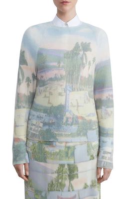 Lafayette 148 New York Postcard Print Raglan Sleeve Cashmere Sweater in Liberty Green Multi