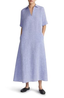 Lafayette 148 New York Short Sleeve Linen Popover Midi Dress in Lapis Blue Melange