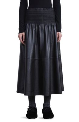 Lafayette 148 New York Smocked Waist Nappa Lambskin Leather Midi Skirt in Black
