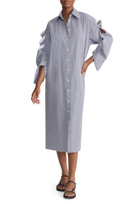 Lafayette 148 New York Stripe Buttoned Long Sleeve Oversize Cotton Poplin Shirtdress in Midnight Blue Multi