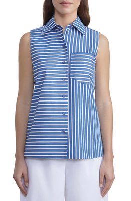 Lafayette 148 New York Stripe Sleeveless Cotton Button-Up Shirt in Parisian Blue Multi