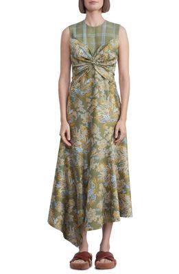 Lafayette 148 New York Twist Front Asymmetric Hem Patchwork Silk Dress in Chive Multi