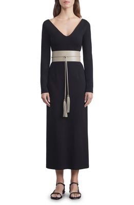 Lafayette 148 New York Wide V-Neck Long Sleeve Crepe Jersey Midi Dress in Black