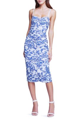 L'AGENCE Caprice Convertible Strapless Ruched Midi Dress in White Mediterranean Blue