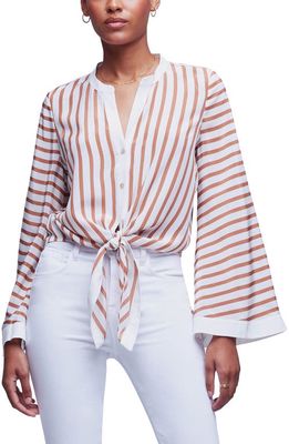 L'AGENCE Charlize Stripe Bell Sleeve Silk Blouse in Soft Tan/Ivory Stripe