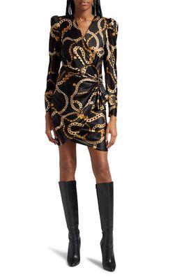 L'AGENCE Clarice Chain Print Long Sleeve Stretch Silk Dress in Black /Gold Classic Chain