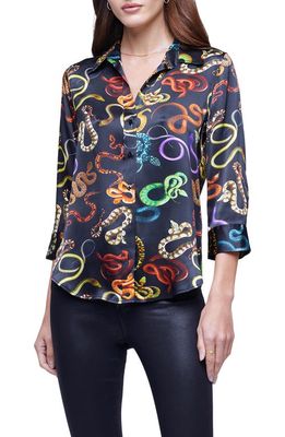L'AGENCE Dani Mixed Snake Print Silk Button-Up Blouse in Black Multi Amazon Snake
