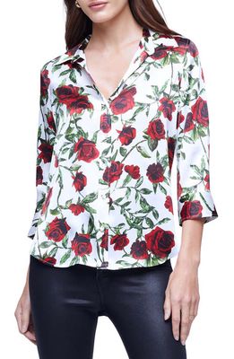 L'AGENCE Floral Print Silk Blouse in Ivory/Red Rose Stem