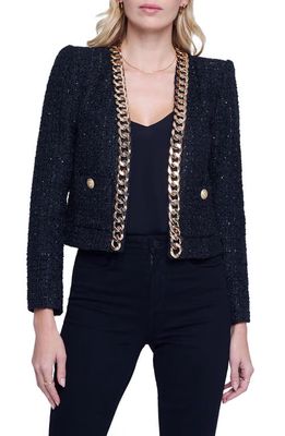 L'AGENCE Greta Chain Detail Sequin Tweed Jacket in Black