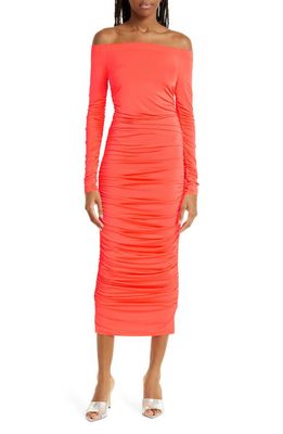 L'AGENCE Kamali Ruched Off the Shoulder Long Sleeve Dress in Neon Orange