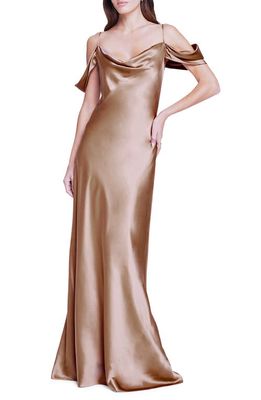 L'AGENCE Kenna Cowl Neck Cold Shoulder Silk Gown in Soft Tan