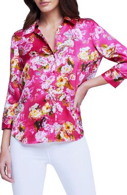 L'AGENCE LAGENCE Dani Floral 3/4 Sleeve Silk Blouse in Cabaret Pnk Mlti Moschata Rosa