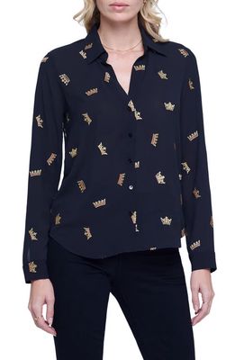 L'AGENCE Laurent Print Shirt in Black /Gold Crown Embroidery