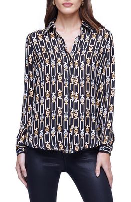 L'AGENCE Nina Chain Link Print Silk Button-Up Blouse in Black Multi Tonal Mix Chain