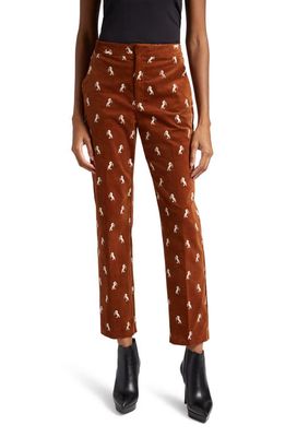 L'AGENCE Rebel Embroidered Horse Print Stretch Cotton Velvet Crop Pants in Whiskey/Ecru