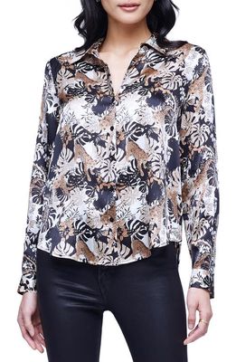 L'AGENCE Tyler Holly Mixed Print Long Sleeve Silk Blouse in Tonal/Black Panther Jungle