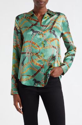 L'AGENCE Tyler Horse Print Silk Shirt in Frosty Spruce Horse Chain