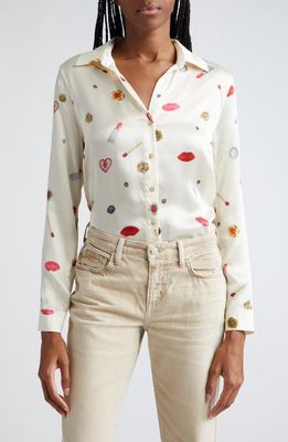 L'AGENCE Tyler Long Sleeve Silk Button-Up Shirt in Champagne Multi Heart Jewel