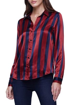 L'AGENCE Tyler Long Sleeve Silk Button-up Shirt in Red Dahlia Midnight Stripe