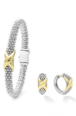 LAGOS Caviar Beaded Bangle & Hoop Earrings Set in Silver Yellow Gold