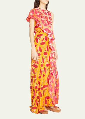 Lali One-Shoulder Long Floral Ruffle Silk Dress