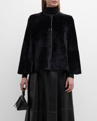Lamb Shearling Cape With Crystal Embellishment