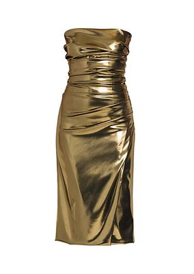 Laminated Metallic Strapless Midi-Dress