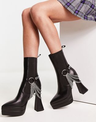 Lamoda Crown heeled platform boots with chain detail in black