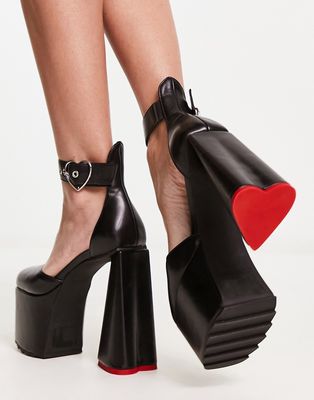 Lamoda Rodeo platform heeled shoes with heart buckle in black