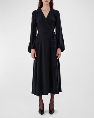 Lantern-Sleeve Maxi Wrap Dress