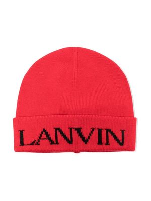 LANVIN Enfant logo-knit beanie hat - Red