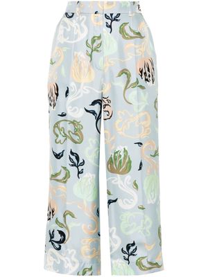 Lanvin graphic-print silk cropped trousers - Blue