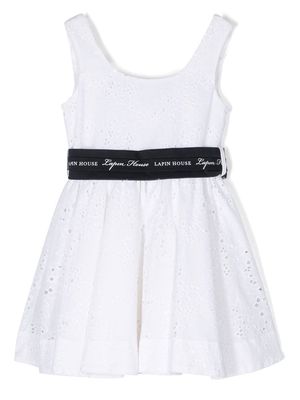 Lapin House logo-tape broderie anglaise dress - White